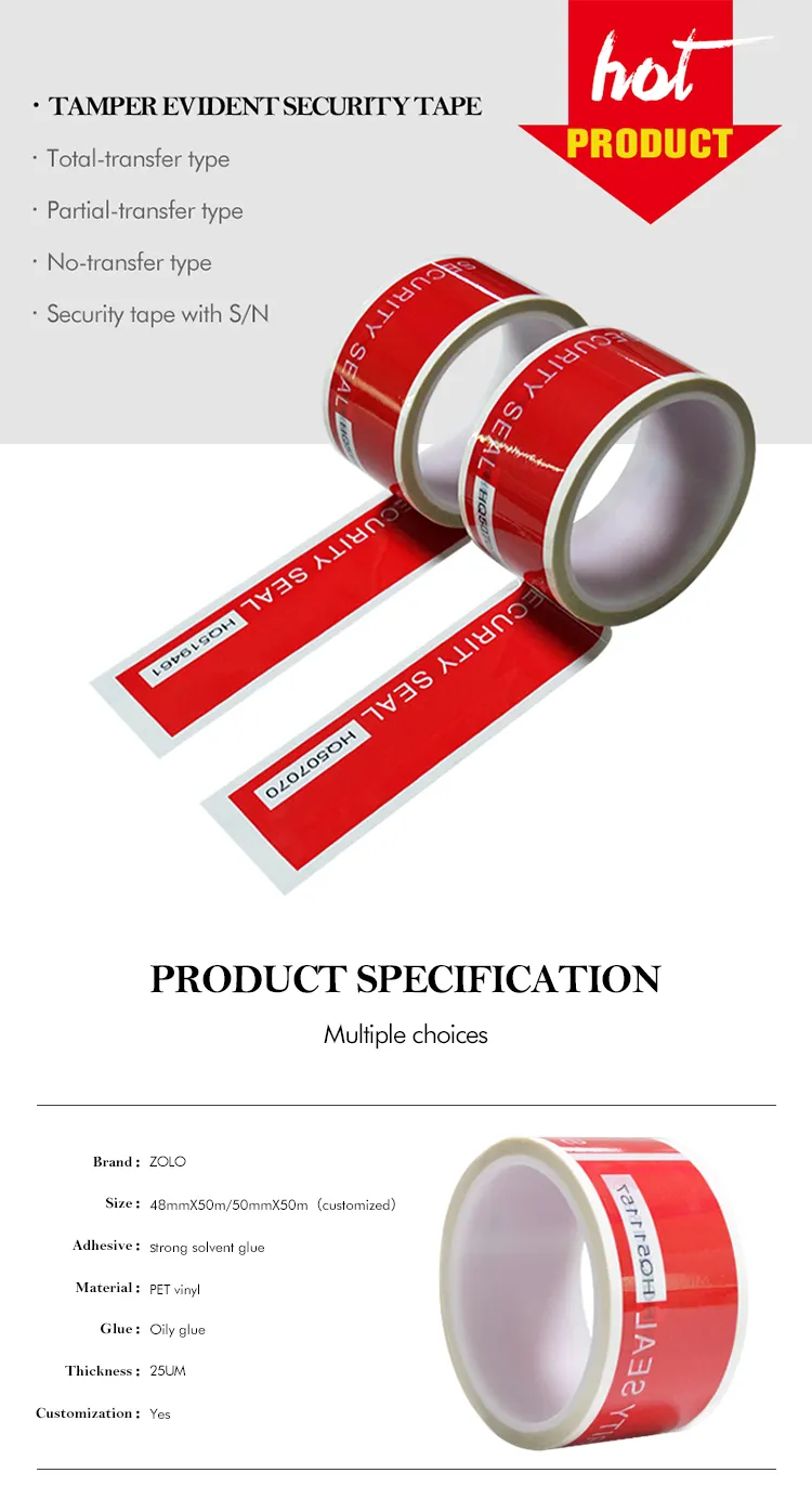 Anti Tampering Tape image, display it’s all Categories, include total-transfer type; partial-transfer type; No-transfer type and Security type with S/N. As well as presenting its parameters and specifications, and offering various options to customers.