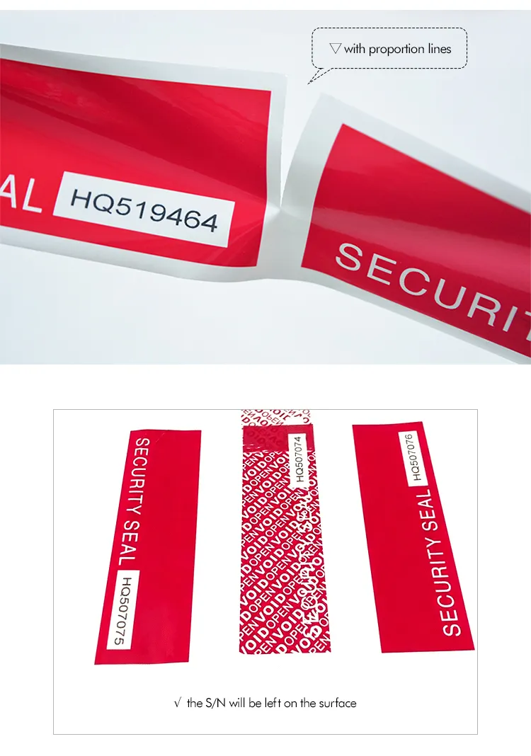 A real-life Anti Tampering Tape image shows proportion lines between the two labels, and the S/N will be left on the surface.